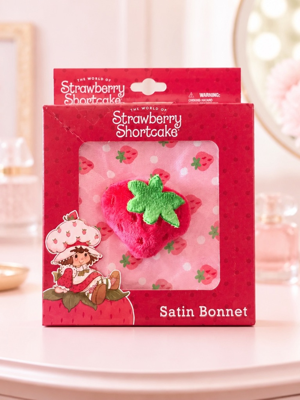 Strawberry Shortcake Pink Satin Bonnet with Plush Strawberry